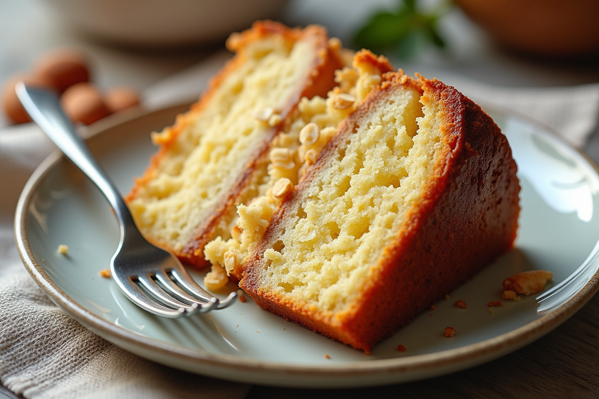 Partie de gâteau basque aux amandes sur une assiette