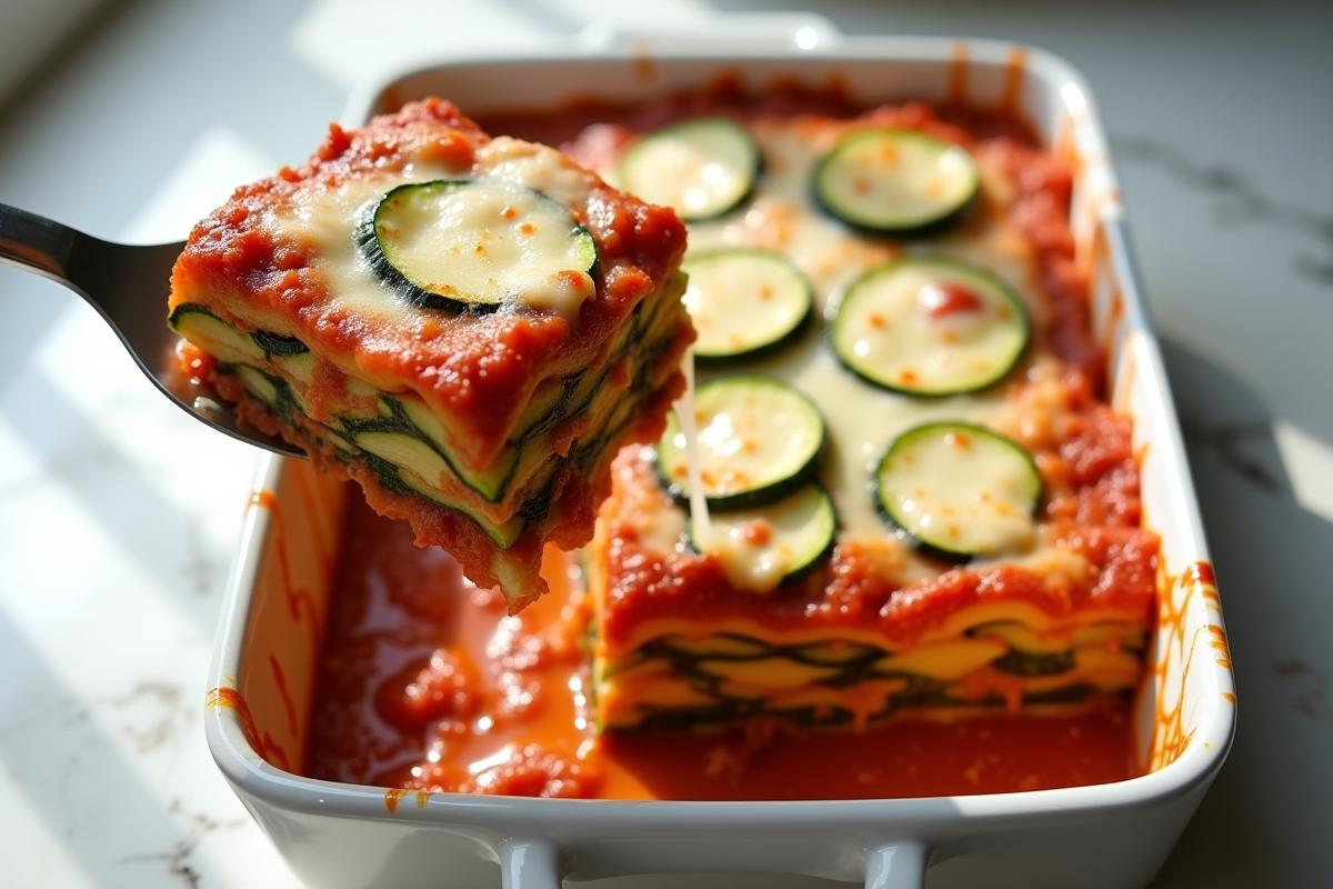 Partie de lasagne de courgettes servie sur planche en marbre