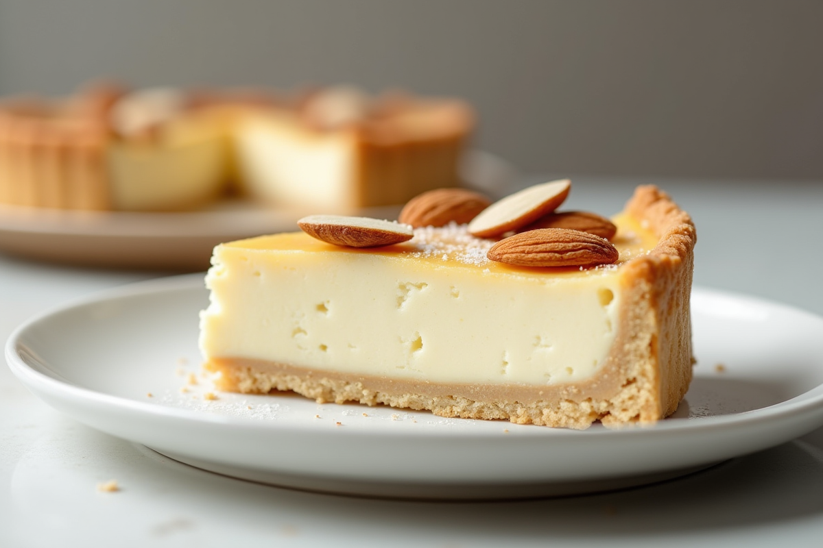 Tranche de tarte aux amandes sur assiette blanche