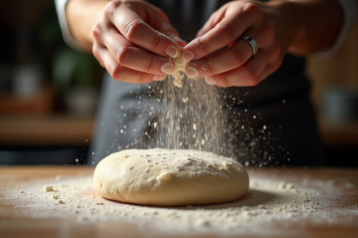 Pâtissier saupoudrant de la farine sur la pâte à pain