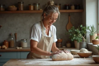 Femme façonnant un pain rustique dans la cuisine