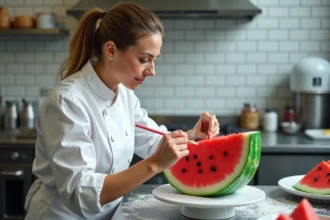 Cheffe pâtissière appliquant les finitions sur un gâteau trompe l'oeil en forme de pastèque dans une cuisine professionnelle