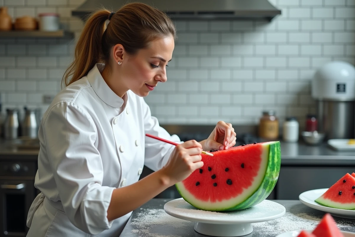 Cheffe pâtissière appliquant les finitions sur un gâteau trompe l'oeil en forme de pastèque dans une cuisine professionnelle