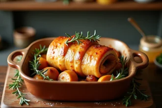 Paupiette de porc au four dorée dans un plat en céramique rustique avec légumes rôtis et thym frais