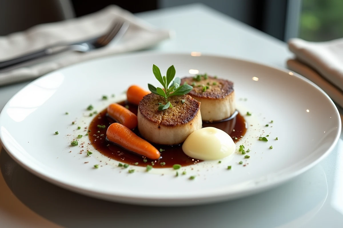 Paupiette de porc au four dressée à l'assiette façon restaurant avec purée de céleri et jus corsé