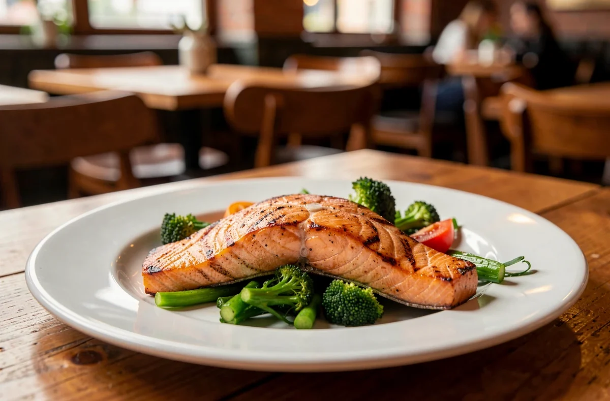 Pavé de saumon grillé et légumes dans une assiette de brasserie