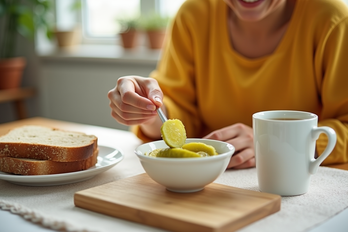Personne souriante dégustant des pickles lors du petit déjeuner