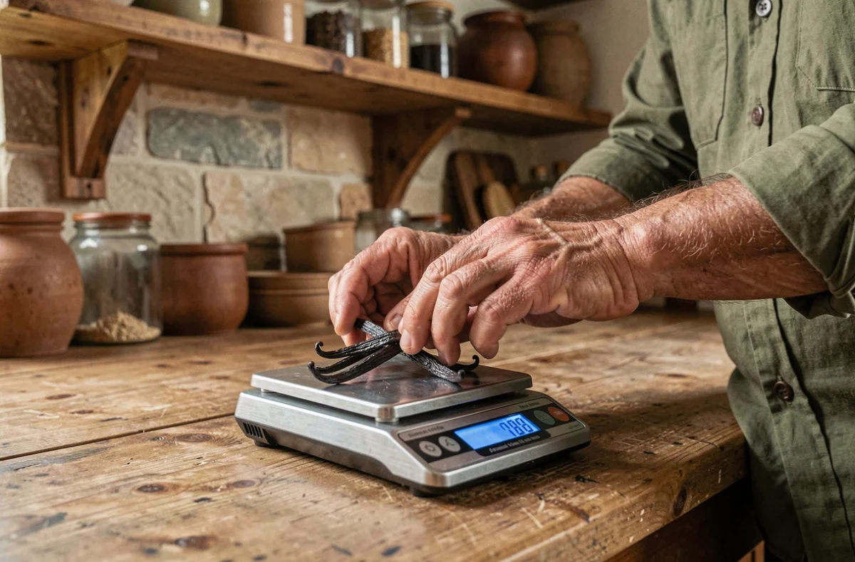 Mains masculines pesant des gousses de vanille sur une balance pour vérifier le prix au kilo