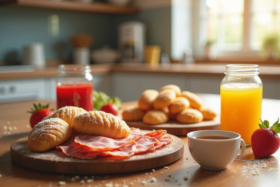 Table de petit déjeuner avec céréales sucrées et viennoiseries