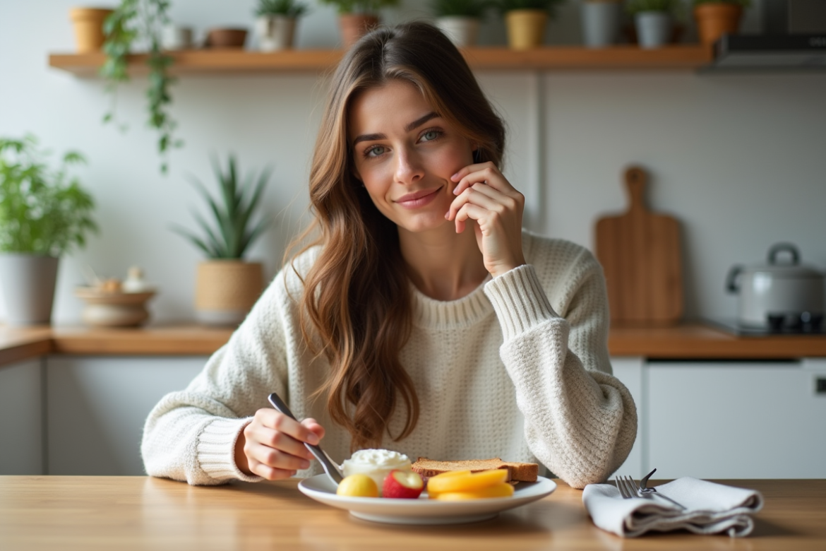 Jeune femme prenant un petit déjeuner sain en cuisine