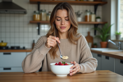 Femme mangeant de l'avoine dans une cuisine moderne