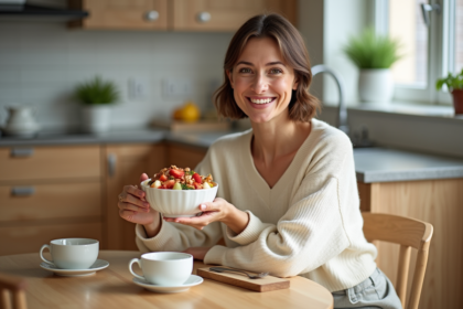 Femme souriante dégustant un bol de fruits frais au petit déjeuner