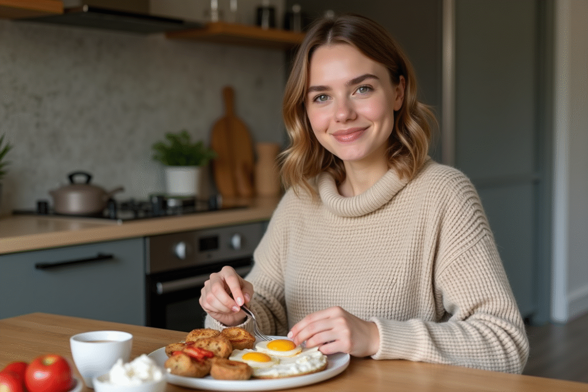 Jeune femme souriante prépare un petit déjeuner équilibré