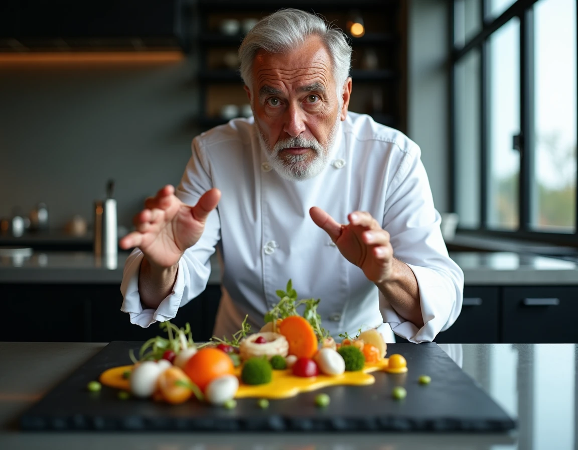 Chef Pierre Gagnaire présentant un plat avant-gardiste déconstruit dans sa cuisine contemporaine parisienne