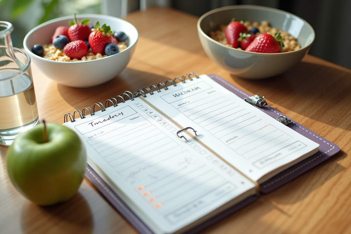 Carnet de planification repas avec bol de fruits et eau naturelle