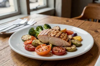 Plat de viande grillée et légumes servi au restaurant