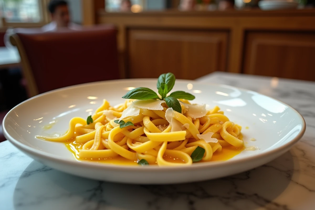 Assiette de tagliatelles artisanales au safran et parmesan servie au restaurant Luci Argenteuil