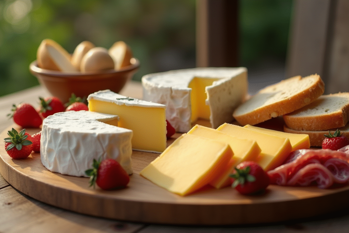 Table en bois avec plateau de fromages pour grillades