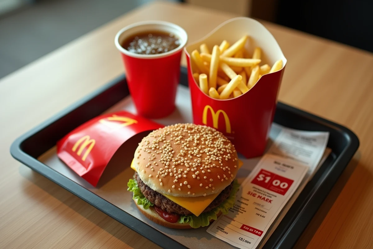 Plateau McDonald's avec burger, frites et ticket de caisse promotionnel montrant les prix réduits des menus