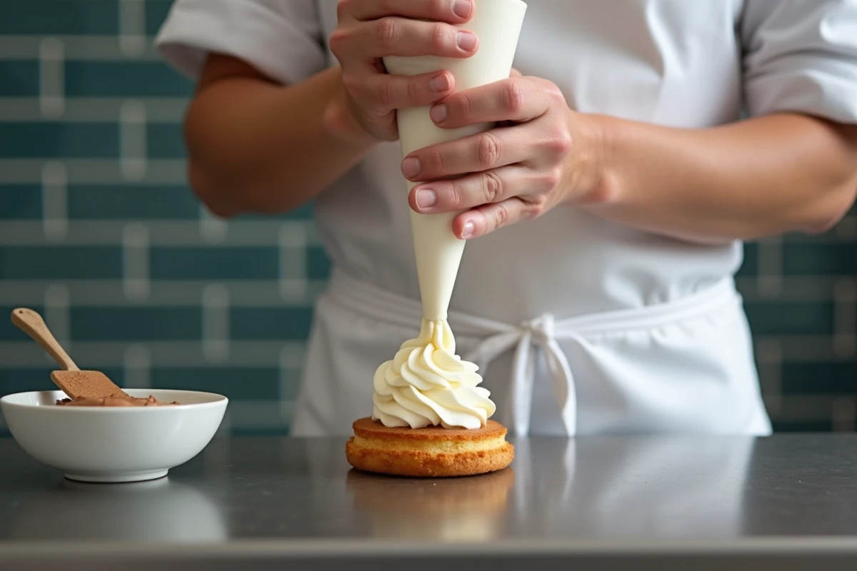 Chef pâtissier pochant la crème mousseline praliné dans un Paris-Brest avec une douille cannelée en cuisine professionnelle