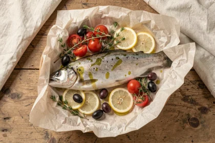 Poisson en papillote méditerranéenne cru prêt à cuire avec citron, olives, tomates cerises et herbes fraîches sur une table en bois rustique