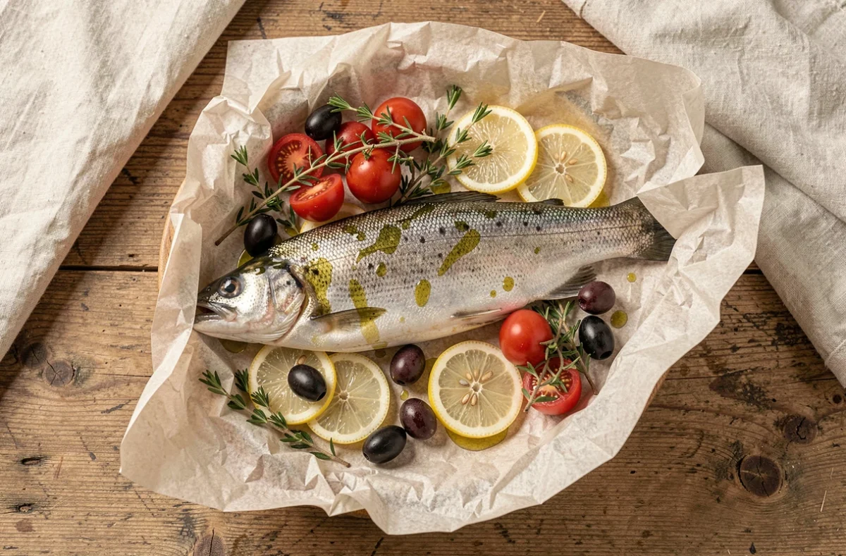 Poisson en papillote méditerranéenne cru prêt à cuire avec citron, olives, tomates cerises et herbes fraîches sur une table en bois rustique