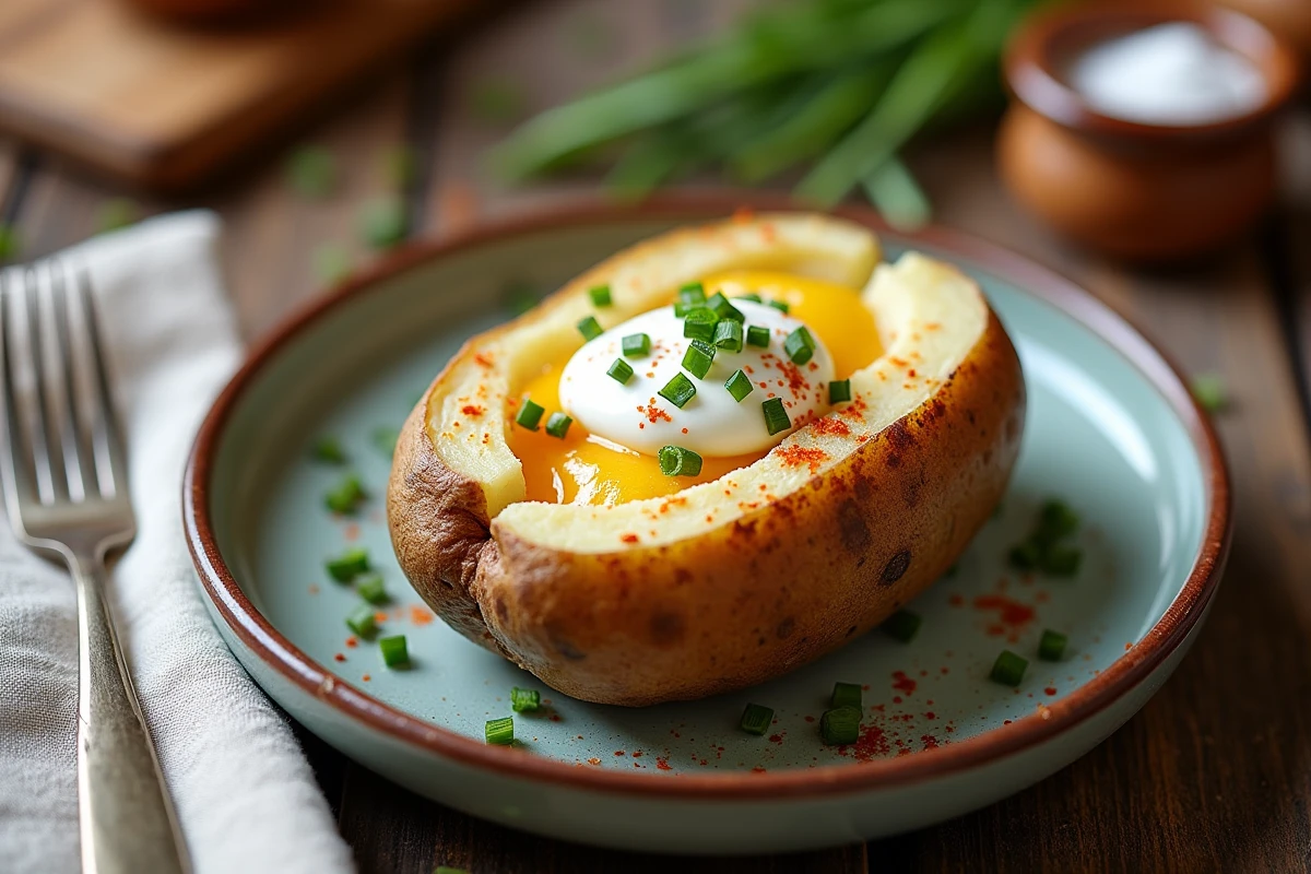 Pomme de terre au four ouverte avec crème fraîche, ciboulette et paprika fumé sur assiette en céramique, intérieur fondant et vapeur visible