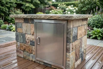 Porte en acier inoxydable brossé sur un meuble de cuisine d'extérieur résistant aux intempéries
