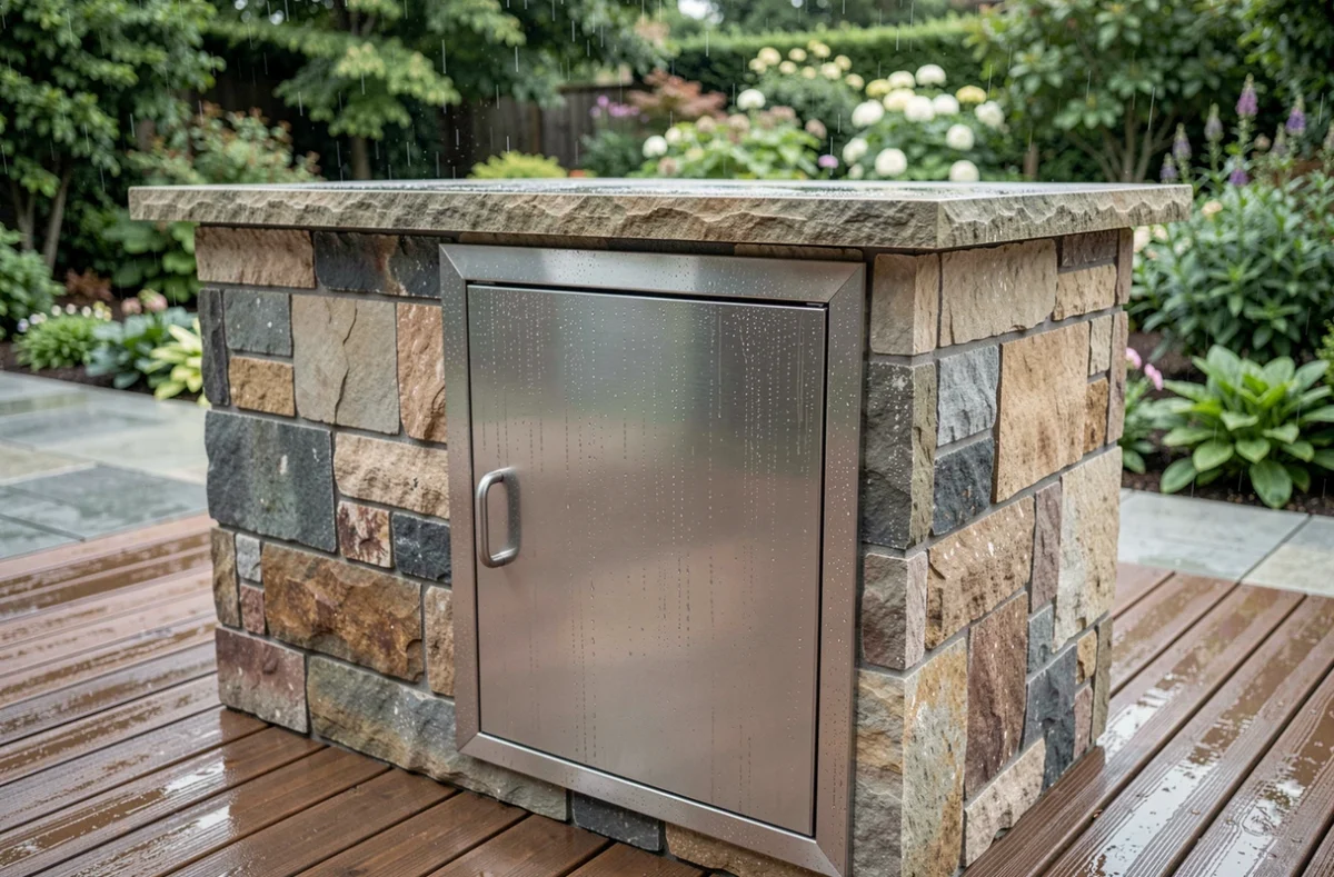 Porte en acier inoxydable brossé sur un meuble de cuisine d'extérieur résistant aux intempéries
