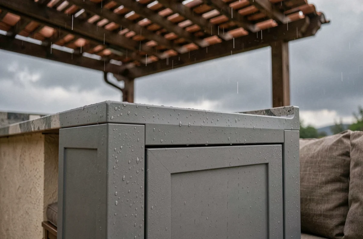 Porte de cuisine extérieure en polymère imperméable avec gouttes de pluie sur la surface mate