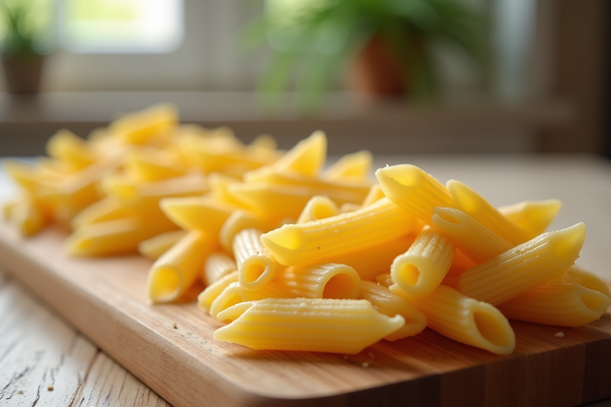 Portions de penne crues sur une table en bois en lumière douce