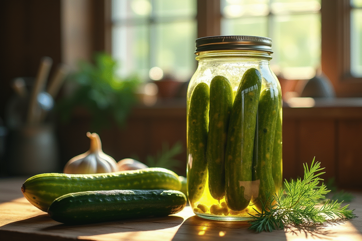 Pot de concombres fermentes dans une cuisine rustique