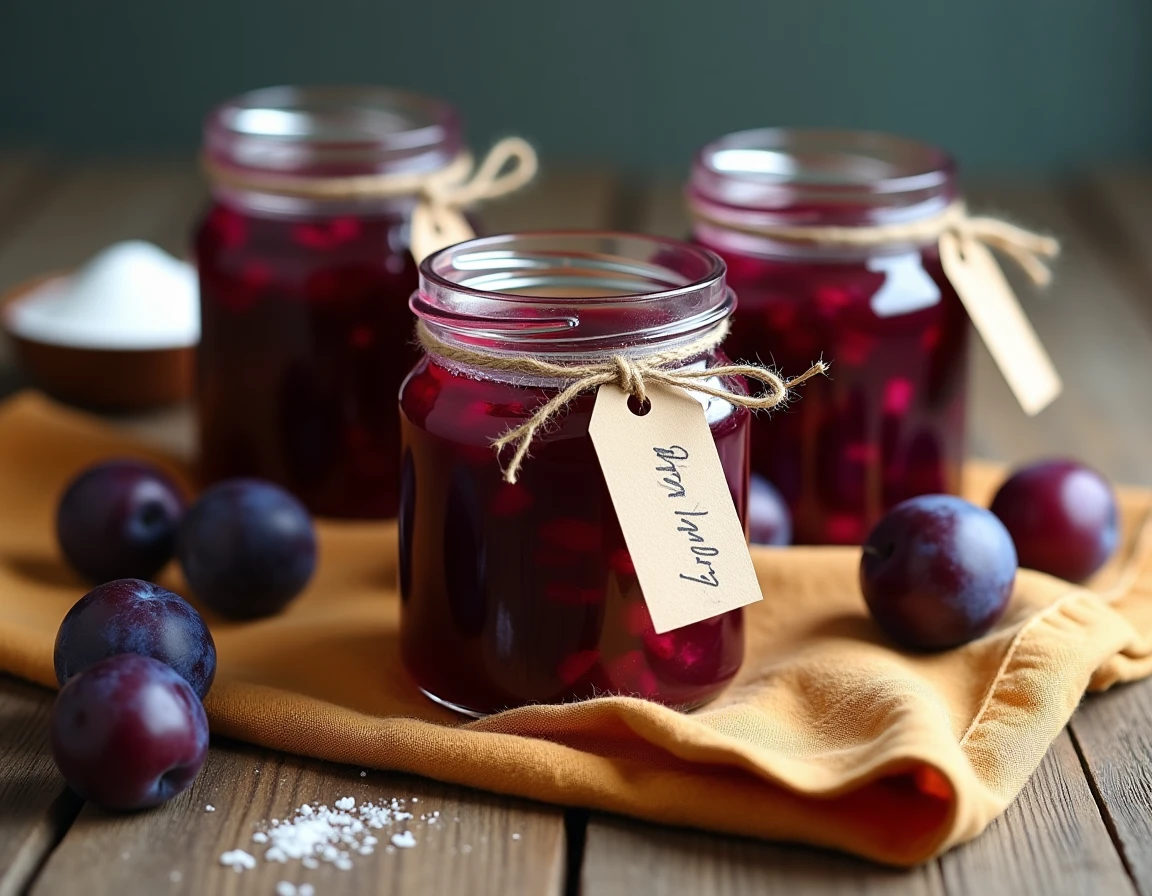Pots de confiture de prunes maison fermés et étiquetés à la main posés sur une table en bois avec des prunes fraîches et du sucre autour