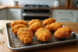 Poulet pané au four ventilé sur grille de cuisson avec une croûte dorée et croustillante, posé sur une plaque à pâtisserie dans une cuisine maison