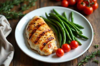 Assiette de poulet poêlé doré accompagné de haricots verts sautés et tomates cerises rôties sur une table en chêne rustique