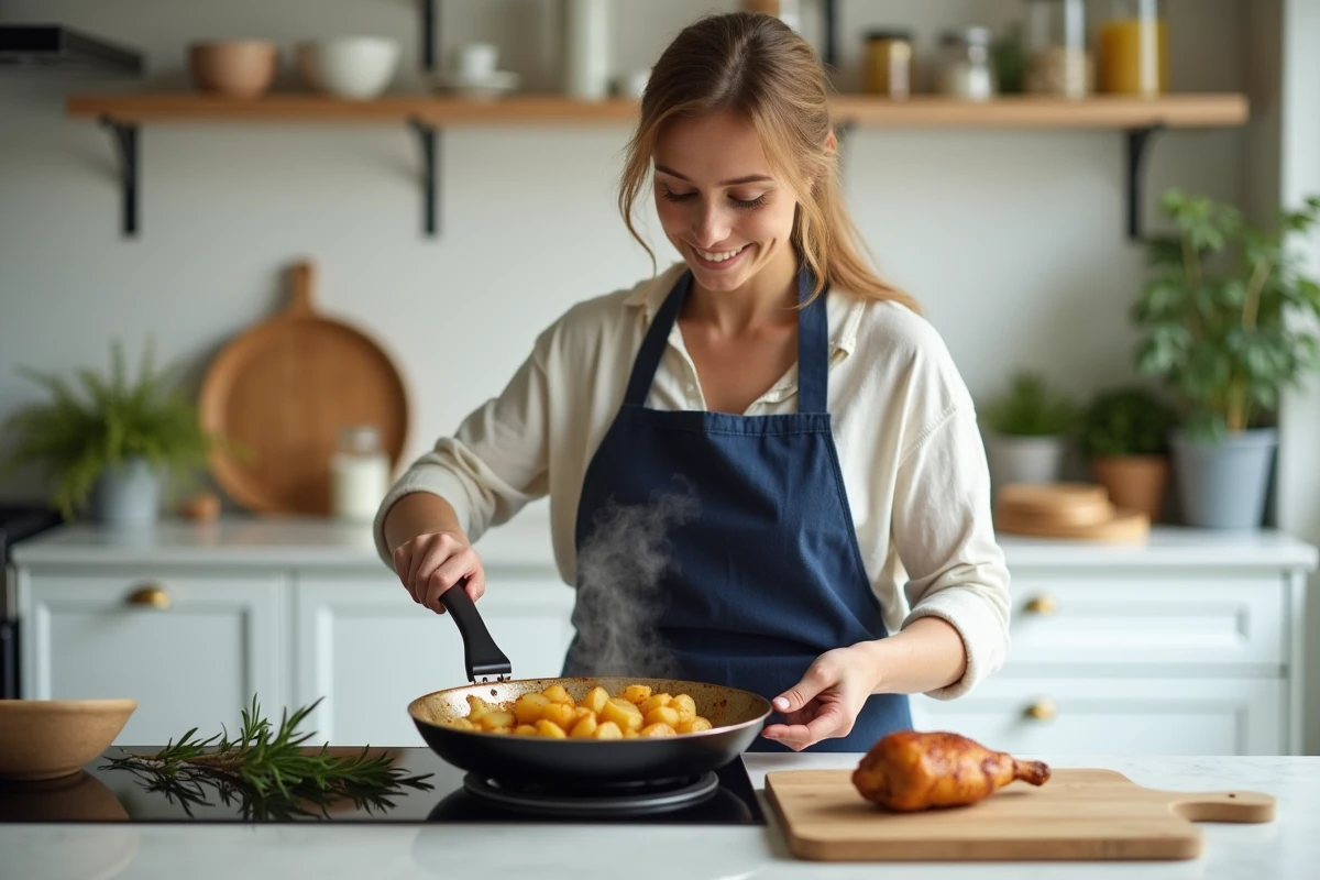 Femme cuisinant des pommes de terre au paprika dans une poêle à côté d'un poulet poêlé sur une planche à découper dans une cuisine moderne
