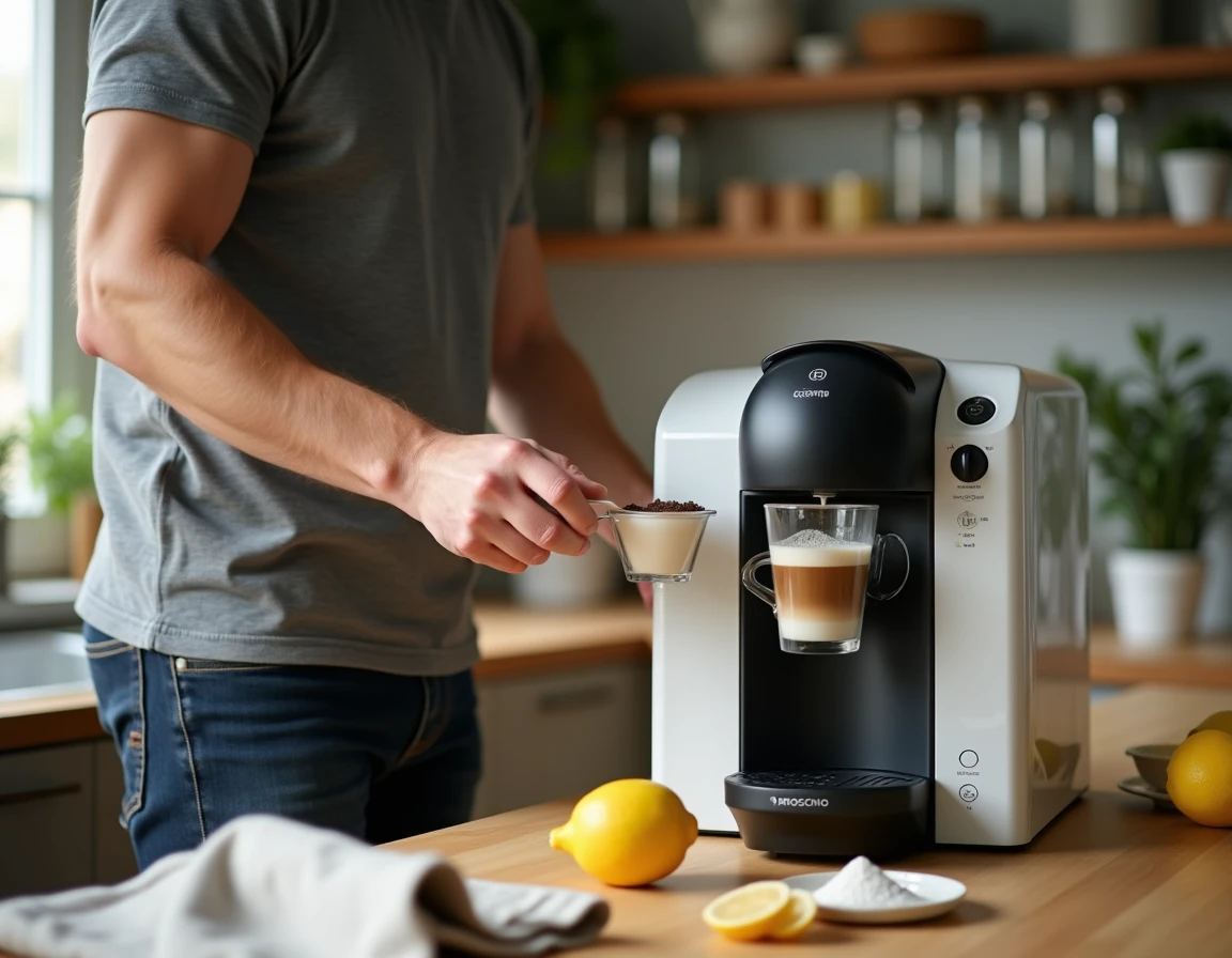 Homme préparant une solution d'acide citrique pour détartrer une machine Tassimo Bosch de façon naturelle