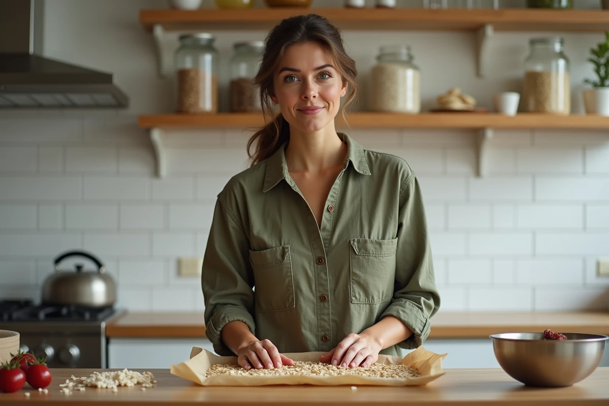 Femme préparant des barres de céréales maison sans sucre raffiné à l'avoine dans sa cuisine