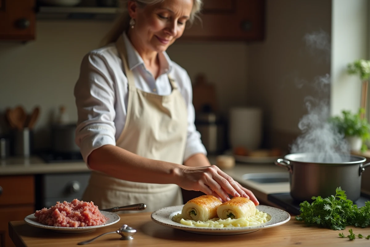 Femme en tablier de lin dressant un plat de choux farcis maison dans une cuisine familiale chaleureuse