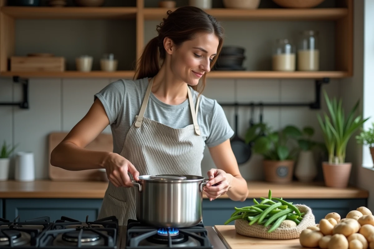 Femme préparant une cocotte minute sur gazinière avec haricots verts et pommes de terre frais prêts à cuire