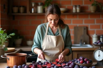 Préparation de confiture de prunes avec des prunes fraîches coupées en deux sur un plan de travail en bois rustique avec une bassine en cuivre