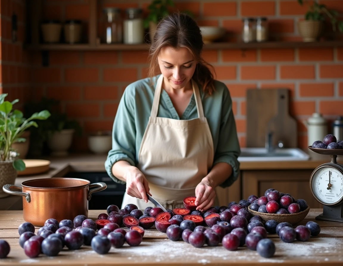 Préparation de confiture de prunes avec des prunes fraîches coupées en deux sur un plan de travail en bois rustique avec une bassine en cuivre