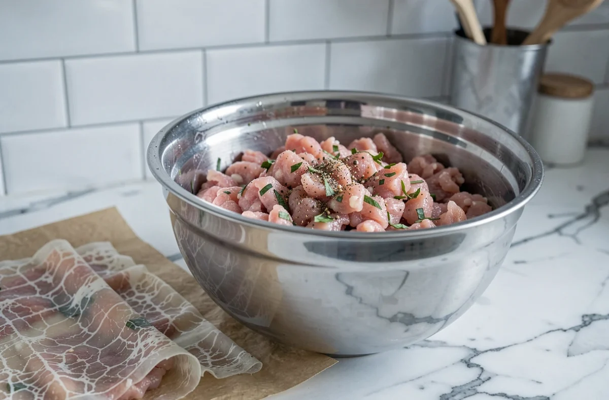 Farce de porc assaisonnée dans un bol en inox avec crépine posée à côté sur du papier sulfurisé, étape de préparation des crépinettes maison