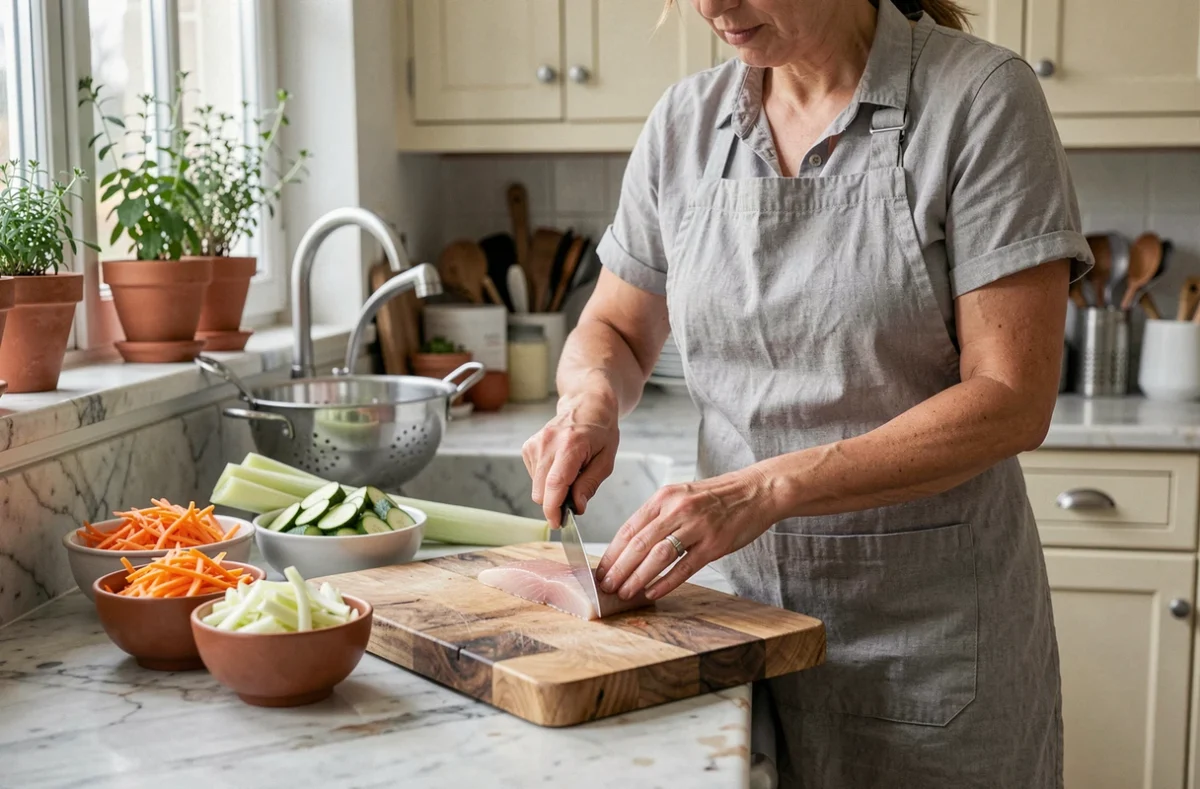Femme préparant un filet de julienne en cuisine avec des légumes juliennés sur une planche en bois pour une recette express de semaine