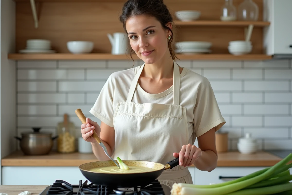 Femme préparant une fondue de poireaux crémeuse dans une cuisine moderne