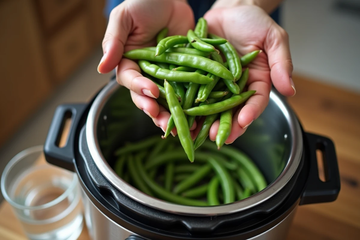 Mains préparant des haricots verts frais avant de les mettre dans la Cocotte-Minute