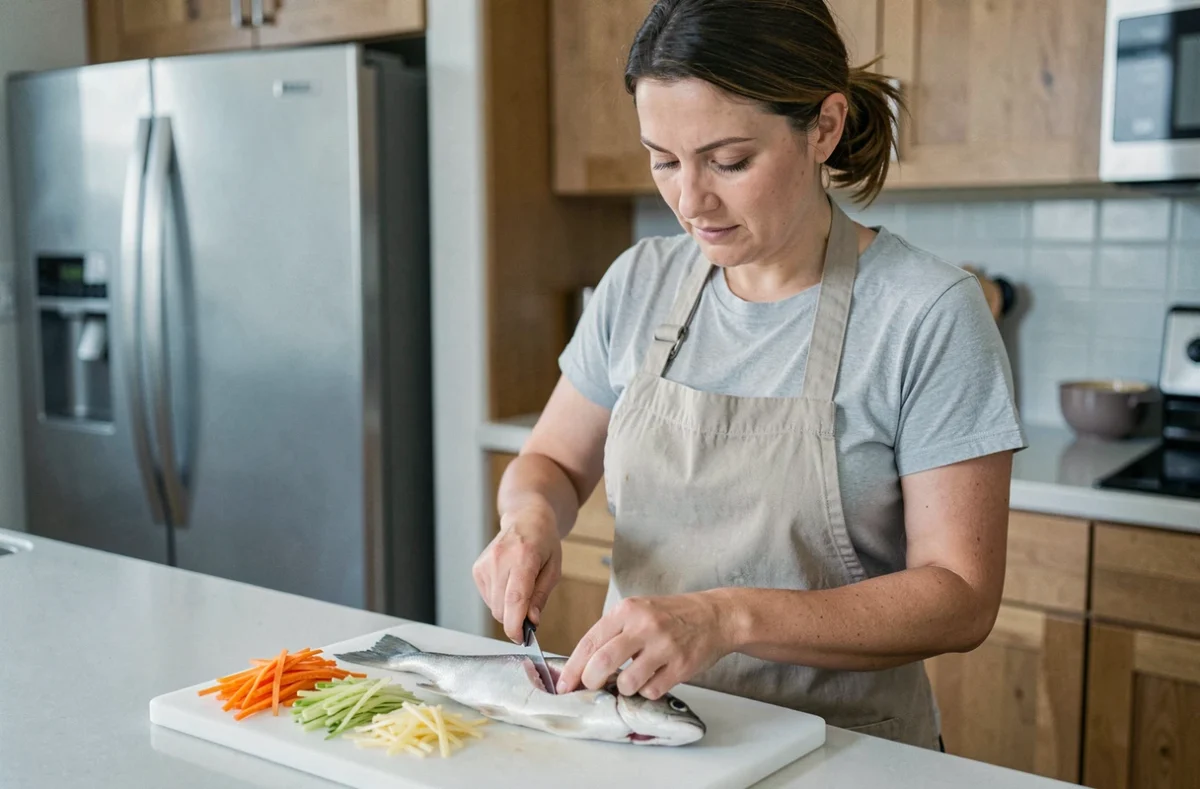 Mère préparant une julienne de poisson sans arêtes dans une cuisine moderne pour ses enfants