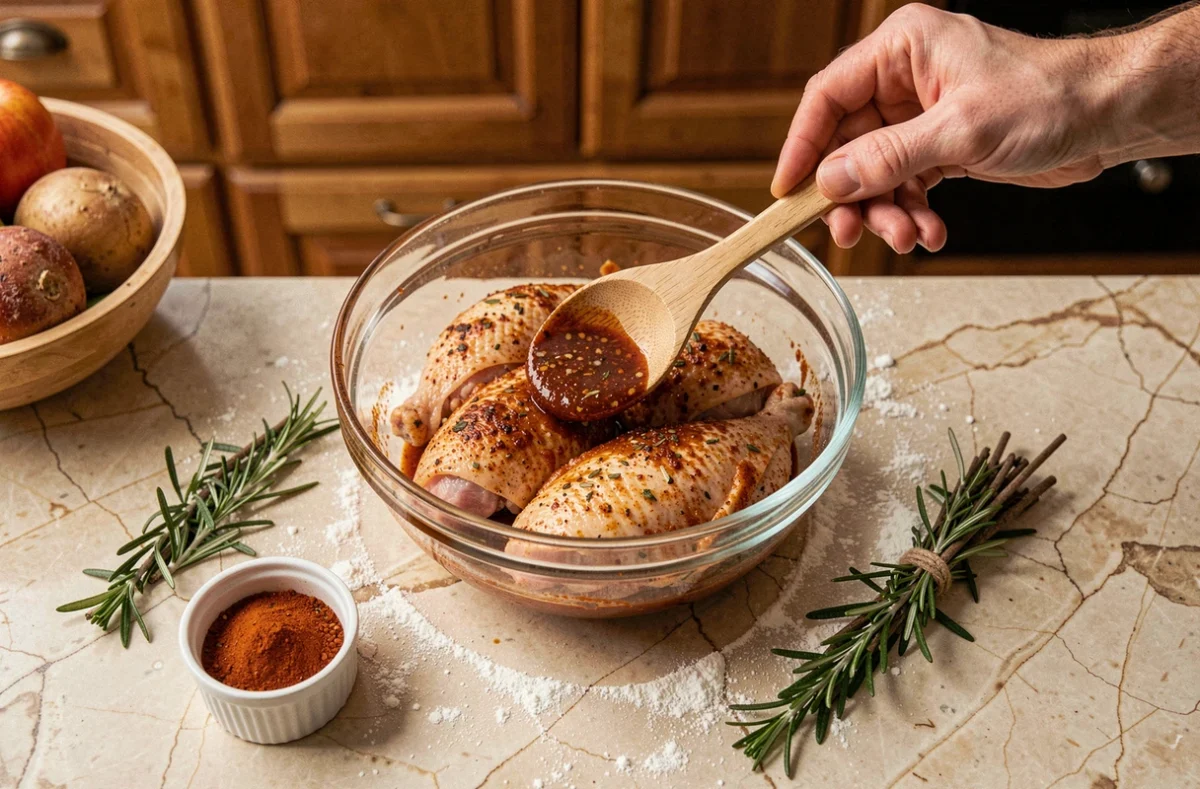 Mains préparant une marinade façon rôtisserie sur des cuisses de poulet crues avec paprika fumé et romarin frais sur un plan de travail en pierre