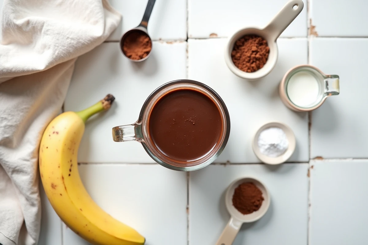 Préparation d'un mugcake protéiné au chocolat sans oeuf vue du dessus avec ingrédients disposés en flat lay