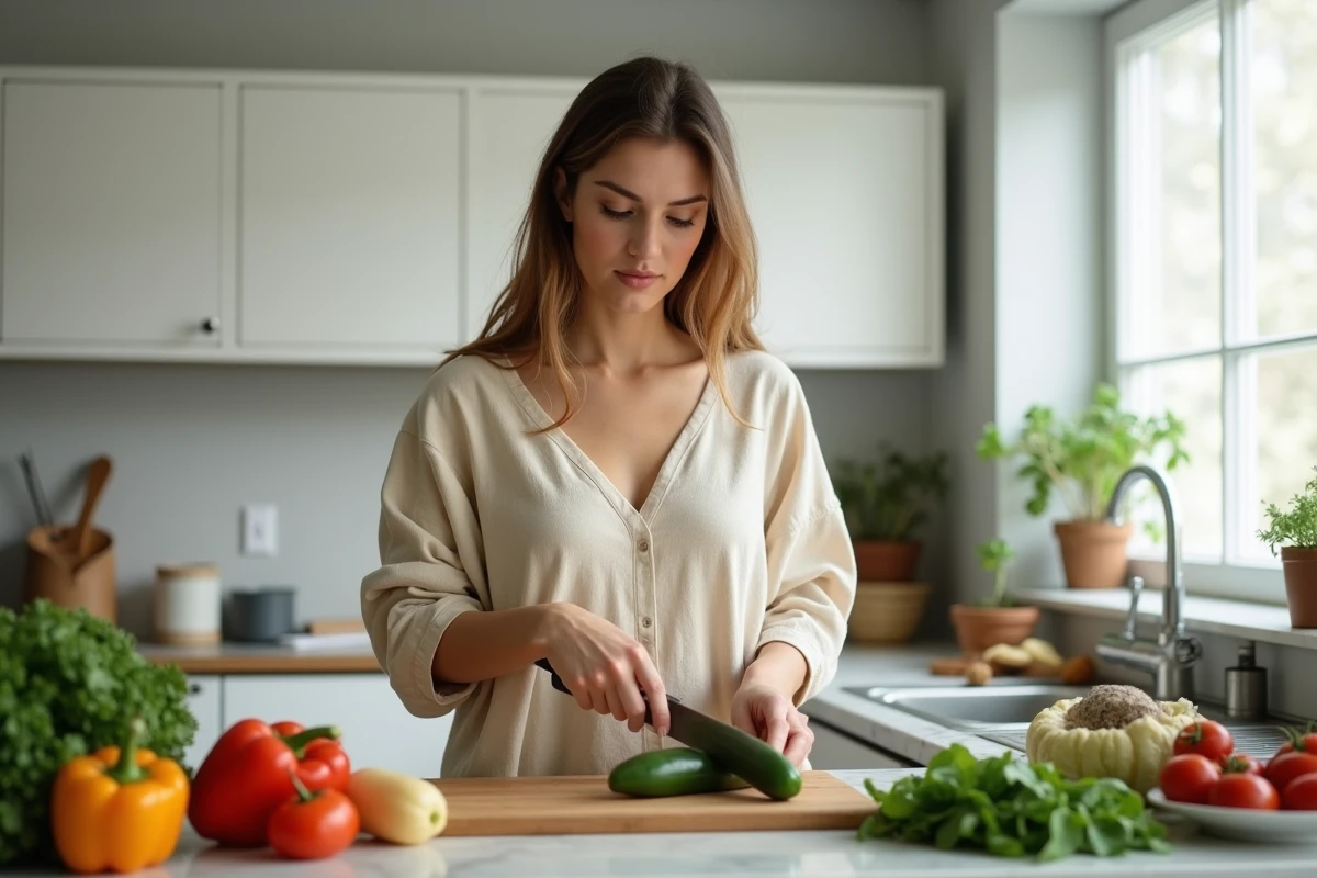 Femme préparant un repas soir léger avec des légumes frais dans une cuisine moderne